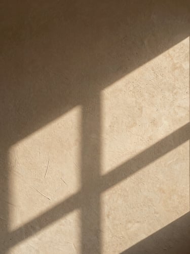 Portrait-oriented image of natural light casting dramatic architectural shadows across a subtly textured limewash wall, warm editorial photography.