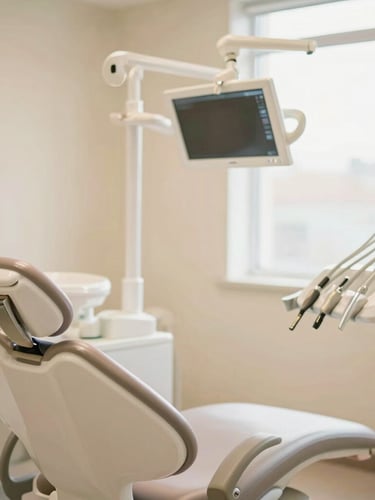 A bright, clean dental consultation office with soft natural window light, a modern dental chair in soft focus, and warm cream walls, warm editorial photography, shallow depth of field, 35mm lens.