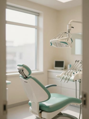 Warm editorial photography of a modern dental clinic interior with soft natural window light, clean pastel tones, and a comfortable green chair in the background