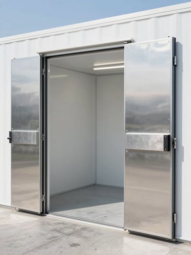 Crisp commercial photography of an immaculate, brightly lit private storage vault with polished concrete floors and secured steel doors under clean daylight.