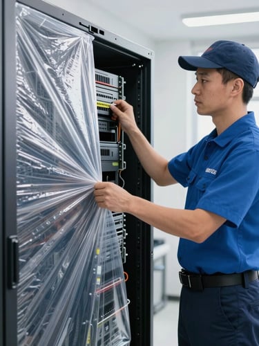 Crisp commercial photography, bright natural daylight, medium-close shot of a uniformed logistics technician carefully securing static-free protective wrap around a server rack, clean composition, 35mm lens.