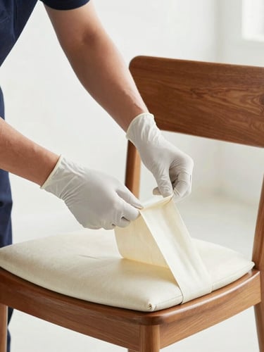 Close-up of professional gloved hands carefully double-wrapping a mid-century modern wooden chair with heavy-duty protective padding inside a bright, clean room.