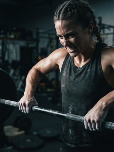 Moody athletic photography, high-contrast dramatic side lighting, close-up of a focused athlete gripping a barbell, desaturated cool tones, sharp focus, 35mm film.