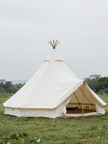 A wide architectural shot of a pristine white high-peak tent set up on a manicured green lawn, soft overcast daylight, clean lines, 35mm lens