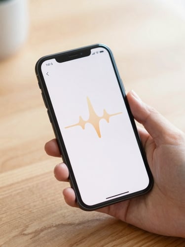Hands holding a clean smartphone displaying a minimalist metronome application, soft natural daylight, warm wood table background, shallow depth of field.