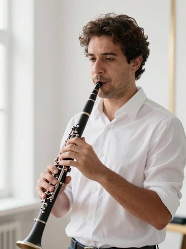 Professional portrait of clarinetist Edmilson Nery in a bright studio, soft natural daylight, holding a woodwind instrument, shallow depth of field, clean editorial style.