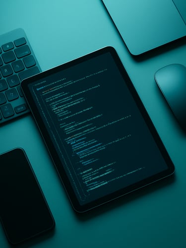 Overhead flat-lay of a minimalist desk setup with digital devices, a tablet displaying code snippets, cool diffused teal studio lighting.