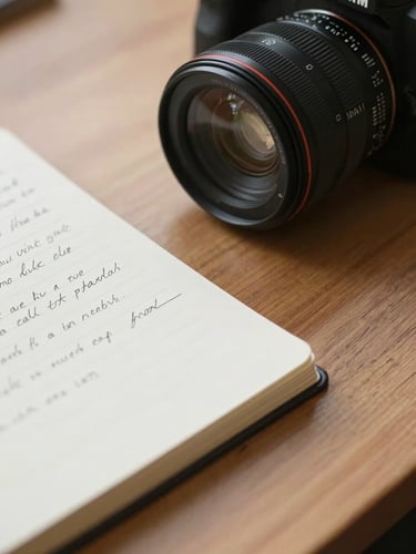 Close-up of a wooden desk surface under diffused north-facing daylight, a camera lens resting beside an open notebook with handwritten notes, soft shadows tracing the grain of the wood, editorial stillness