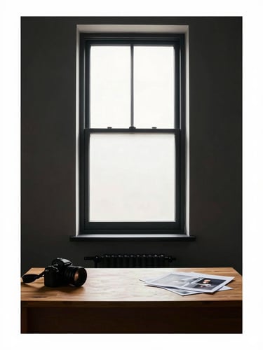 Tall portrait framing of a north-facing studio window, diffused daylight falling across a clean wooden desk surface with a camera and a few printed sheets, deep charcoal wall behind, shot from the left side of the room, generous negative space above