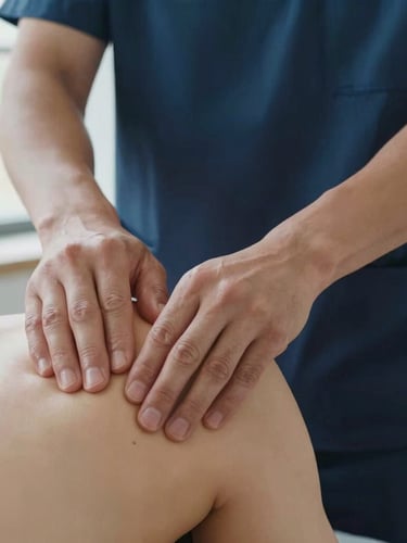 Close-up portrait shot of a therapist's hands performing therapeutic massage on a client's shoulder, focusing on muscle tissue, in a clean clinical setting with natural window light, soft blue tones.