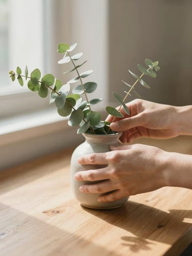 Close-up of gentle hands arranging fresh eucalyptus in a ceramic vase on a warm timber counter, soft morning shadows, shallow depth of field, 35mm