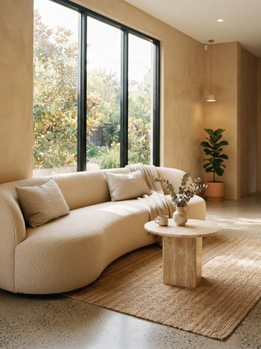 A sunlit minimalist dental clinic lobby with warm sand-colored plaster walls, a curved bouclé sofa, a travertine side table, soft morning window light, 35mm photography