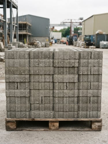 Straight-on geometric architectural shot of neatly stacked concrete-grey eco bricks on a wooden pallet in a bright, overcast industrial yard, sharp focus, raw material grain, 35mm.