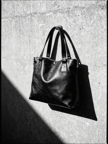 Stark editorial fashion photography, a geometric black leather handbag casting a sharp razor-sharp shadow on a brutalist concrete wall, harsh direct sunlight, high-contrast monochrome
