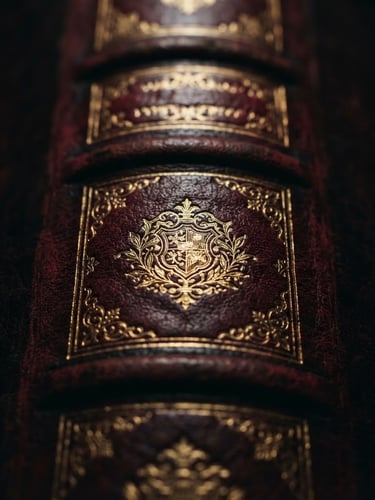Macro close-up of a premium leather-bound book spine with embossed gold foil lettering, dramatic low-key studio lighting with rich shadows, deep crimson accents, 35mm photography.