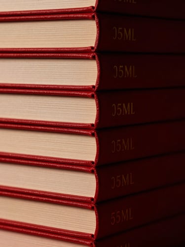A stack of thick, matte-finish hardcovers with gold foil lettering on their spines, dramatic low-key studio lighting, deep crimson shadows, 35mm photography