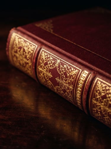 Macro close-up of an elegant gold-embossed hardcover spine resting on a dark mahogany desk, dramatic low-key studio lighting with warm gold highlights