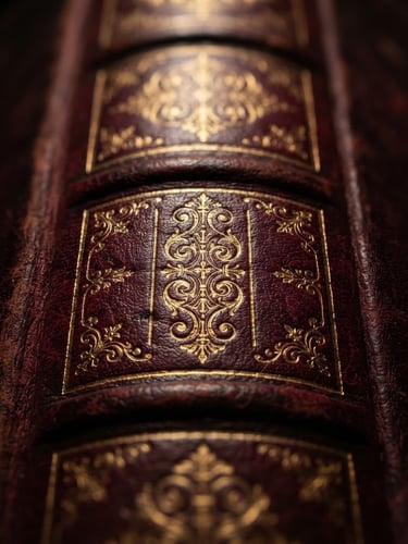 Macro close-up of a physical book spine, gold foil embossed lettering on dark crimson leather, dramatic low-key studio lighting with warm gold highlights, depth of field