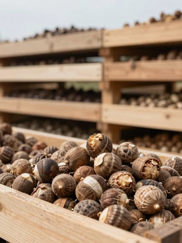 Close-up of raw nutmeg and agricultural commodities in clean, structured timber storage, natural overcast daylight, sharp focus, 35mm lens