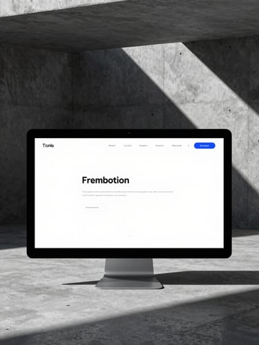 High-fidelity digital mockup of a minimalist website on a modern screen in a brutalist concrete architectural space, cool studio light, stark contrast, sharp shadows