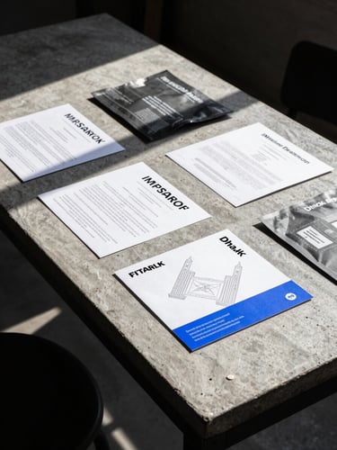 Stark editorial photography of a concrete design studio table in Dhaka, direct sunlight, sharp shadows, physical brand packaging proofs laid out neatly.