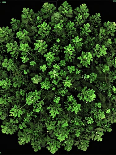 Extreme close-up of a high-resolution satellite telemetry overlay, glowing moss-green raster grids mapping canopy density on an ultra-dark background, sharp technical data readouts in the corners.