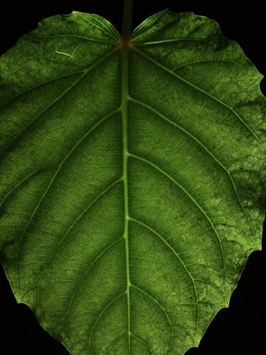 Macro close-up of a real leaf structure under high-contrast laser telemetry scanning, bioluminescent green lines tracing the veins, low-key lighting