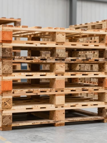 Straight-on industrial shot of clean wooden pallets stacked perfectly in a bright, high-key warehouse bay, sharp details, natural timber tones.