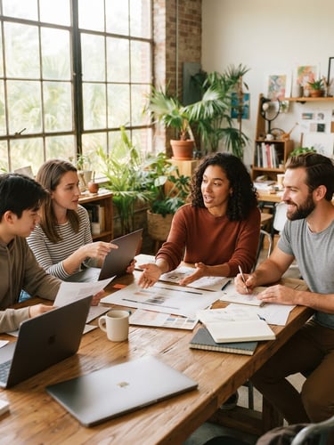 Medium-close editorial shot of a creative team collaborating around a wooden table in a bright Sarasota studio, natural Florida sunlight streaming through large windows, warm tones, 35mm