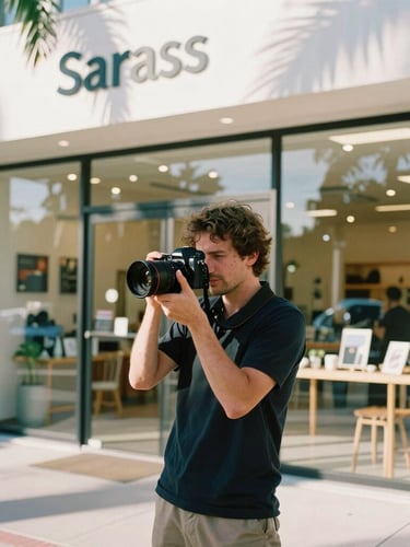 A creative director holding a high-end camera on-location at a modern Sarasota storefront, bright morning Florida sunlight, soft shadows, editorial 35mm photography
