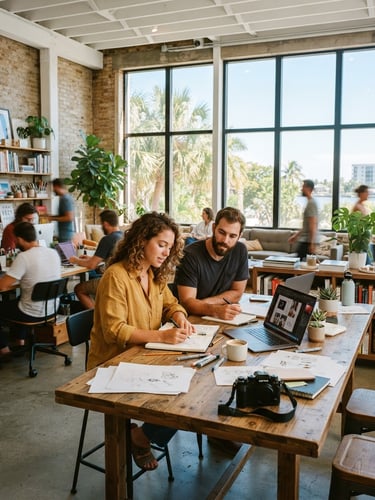 Bright editorial photography of a modern creative workspace in Sarasota, natural Florida sunlight streaming through large windows, 35mm