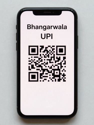 A crisp screenshot of a mobile phone screen displaying a UPI QR code payment confirmation for Bhangarwala, high-contrast utility lighting