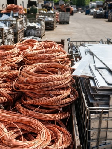 Close-up of sorted bright copper wire bundles and clean aluminum sheets in a bright, organized recycling yard, natural sunlight, sharp focus, 35mm