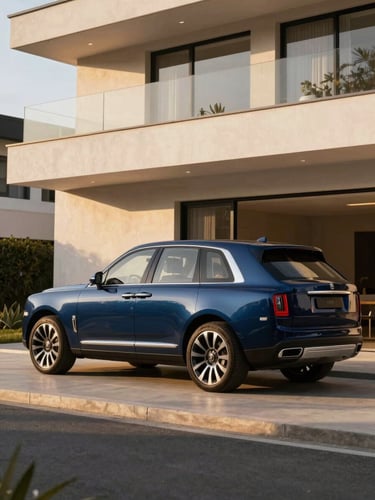 A pristine dark blue luxury SUV parked in front of a modern architectural home with warm golden-hour light casting long shadows, 35mm editorial photography.
