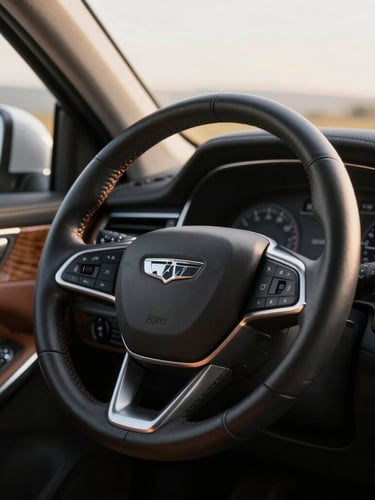 Close-up of a premium leather steering wheel and refined wood dashboard detailing, warm morning light filtering through the window, shallow depth of field, 35mm.