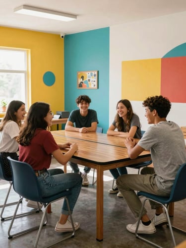 Vibrant candid photography of teenagers laughing in a colorful community room with a kicker table, bright natural light, energetic neo-brutalist colors