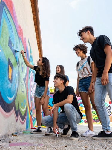 Dynamic low-angle shot of teenagers laughing and collaborating on a colorful graffiti mural in a bright, sunlit courtyard, vibrant candid photography.