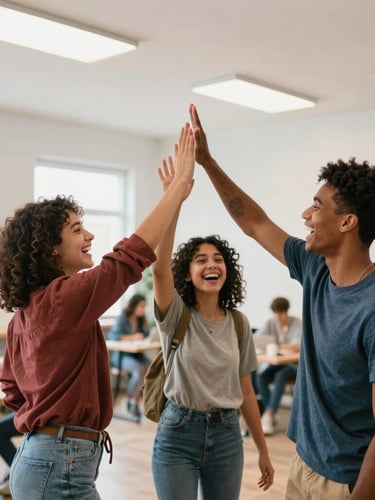 Candid wide-angle shot of three young friendly animators high-fiving and laughing in a bright, modern youth center, authentic youth lifestyle