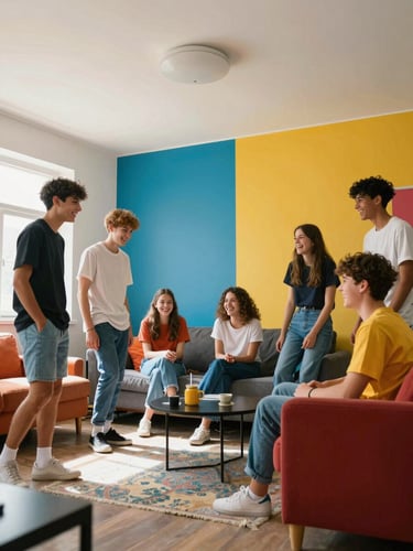 Dynamic low-angle shot of teenagers laughing and hanging out in a vibrant common room, bright natural daylight, rich energetic colors, neo-brutalist style.