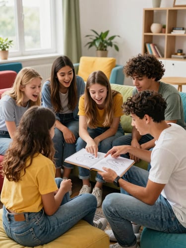 Group of teenagers sitting on colorful couches in a vibrant common room, talking excitedly and pointing at a sketchbook, bright natural light.