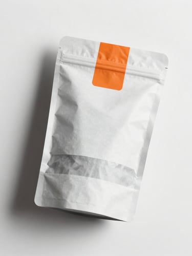 A flat-lay of clean minimalist consumer goods packaging on a stark white surface, sharp lighting, safety orange accent tag