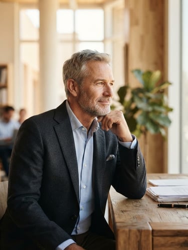 Thoughtful portrait of a senior business advisor in a warm, sunlit modern architectural workspace, soft natural light, shallow depth of field
