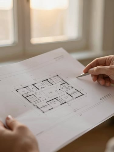 Close-up detail of hands reviewing architectural plans on heavy paper, warm golden-hour window light, shallow depth of field