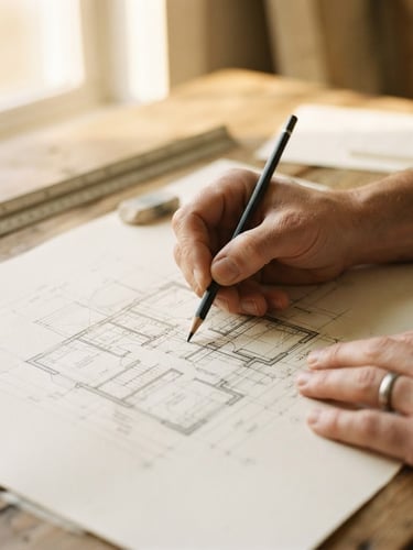 Close-up of hands sketching architectural plans on heavy cream paper, soft golden-hour window light, warm ivory tones, shallow depth of field, 35mm lens