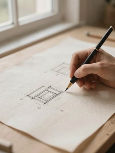 Hands sketching structural plans on heavy textured linen paper, soft natural window light, warm beige tones, shallow depth of field