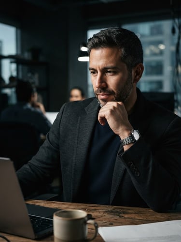 Editorial portrait of a Hispanic male entrepreneur in his late 30s, natural thoughtful expression, high-contrast side lighting, deep shadows, dark modern workspace background, 85mm lens, professional
