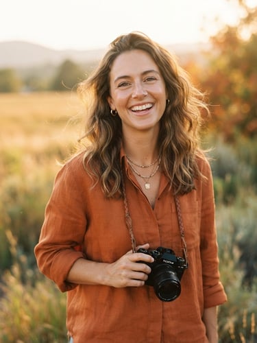 Friendly, warm portrait of photographer Sienna Cole smiling outdoors in golden hour light, holding a camera loosely, soft-focus natural background