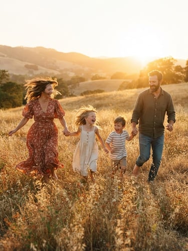 Candid wide shot of a family of four running through a golden-hour California field, backlit by warm sun, laughter, wind-blown hair, cinematic 35mm film style
