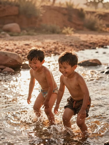 Candid medium shot of two young children laughing as they splash in a shallow creek, backlit by sun-drenched golden hour light, water droplets frozen in air, warm terracotta tones