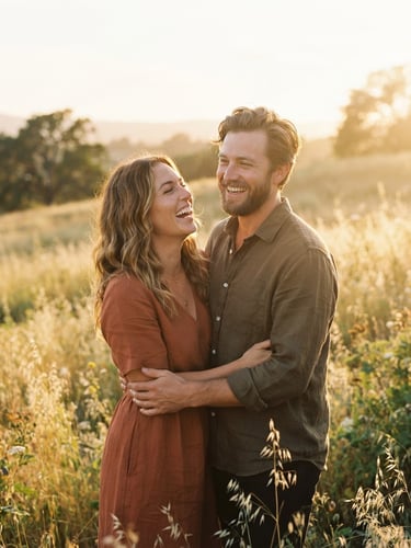 Candid medium shot of a couple laughing in a sun-drenched meadow at golden hour, warm backlighting, soft natural flare, 35mm film style.